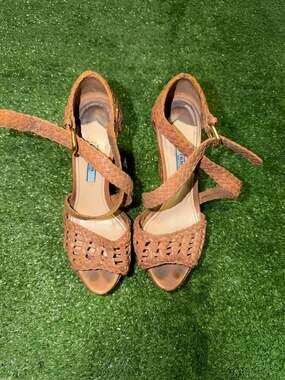 Prada Woven Leather Madras Ankle-Strap Wedge Sandals